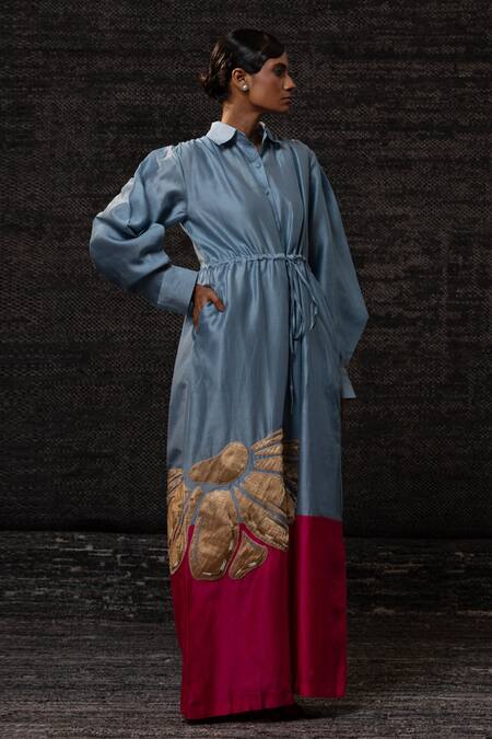 Buy_Eeda_Blue Chanderi Silk Applique Collared Floral Pattern Shirt Dress _Online_at_Aza_Fashions