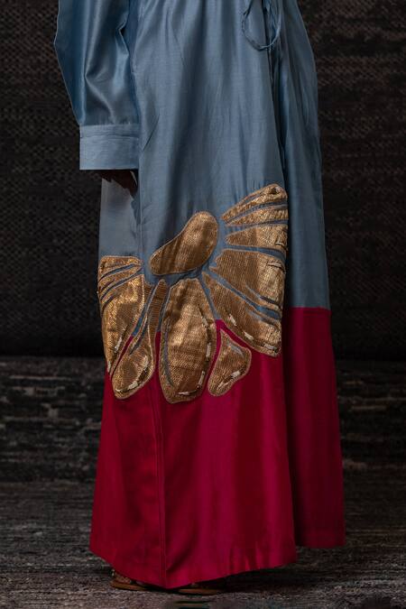 Eeda_Blue Chanderi Silk Applique Collared Floral Pattern Shirt Dress _at_Aza_Fashions