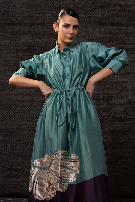 Eeda_Aqua Chanderi Silk Applique Collared Floral Pattern Shirt Dress _Online_at_Aza_Fashions
