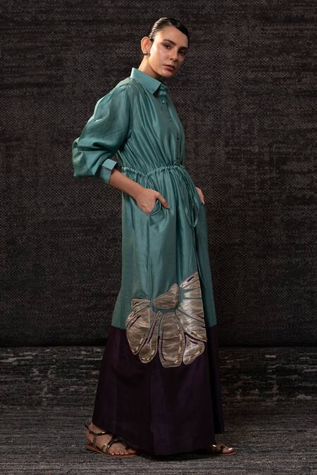 Buy_Eeda_Aqua Chanderi Silk Applique Collared Floral Pattern Shirt Dress _Online_at_Aza_Fashions