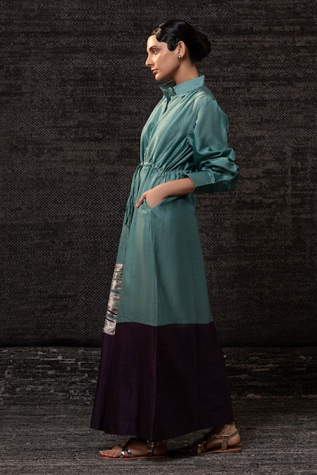 Shop_Eeda_Aqua Chanderi Silk Applique Collared Floral Pattern Shirt Dress _Online_at_Aza_Fashions