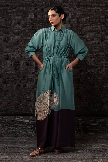 Eeda_Aqua Chanderi Silk Applique Collared Floral Pattern Shirt Dress _at_Aza_Fashions