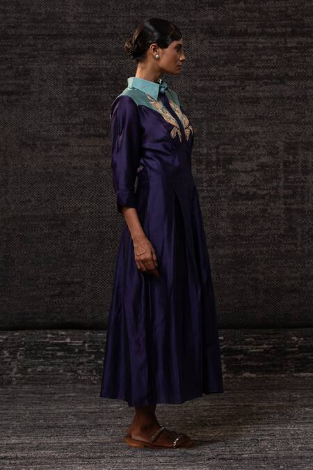 Eeda_Purple Chanderi Silk Embroidery Collared Contrast Yoke Dress _Online_at_Aza_Fashions