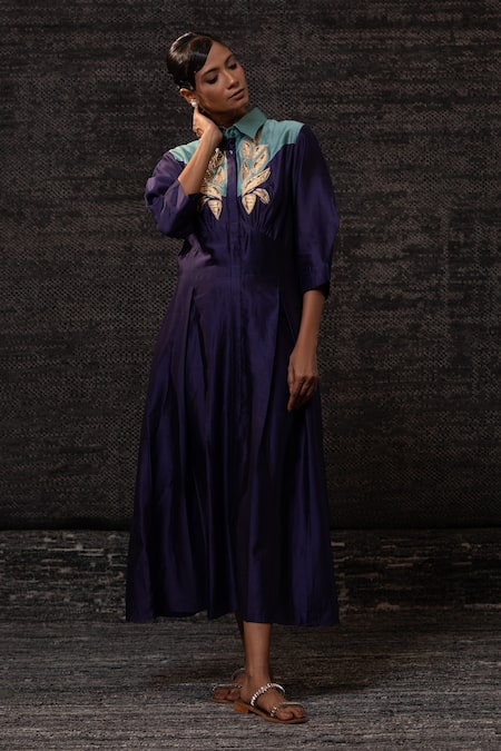 Buy_Eeda_Purple Chanderi Silk Embroidery Collared Contrast Yoke Dress _Online_at_Aza_Fashions