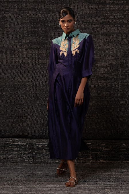 Shop_Eeda_Purple Chanderi Silk Embroidery Collared Contrast Yoke Dress _Online_at_Aza_Fashions