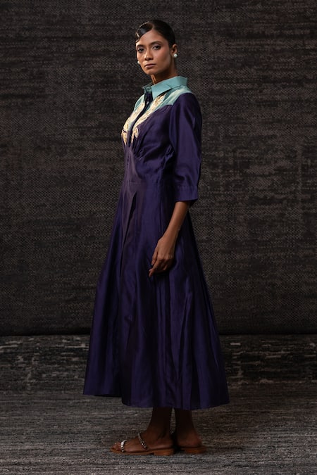 Eeda_Purple Chanderi Silk Embroidery Collared Contrast Yoke Dress _at_Aza_Fashions