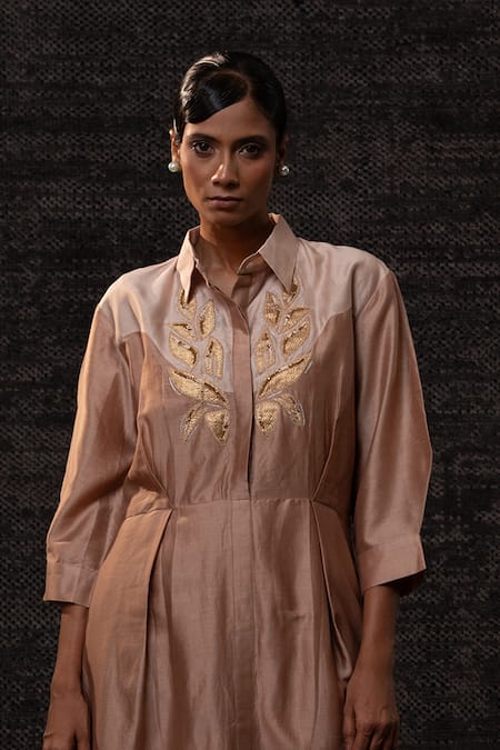 Eeda_Pink Chanderi Silk Embroidery Collared Dress _Online_at_Aza_Fashions