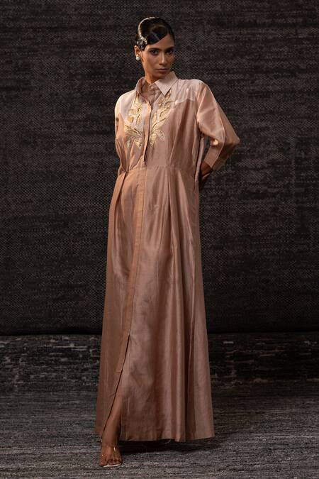 Buy_Eeda_Pink Chanderi Silk Embroidery Collared Dress _Online_at_Aza_Fashions