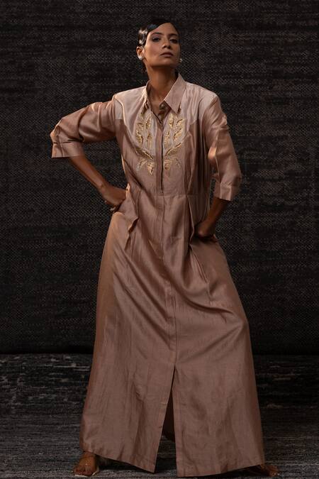 Shop_Eeda_Pink Chanderi Silk Embroidery Collared Dress _Online_at_Aza_Fashions