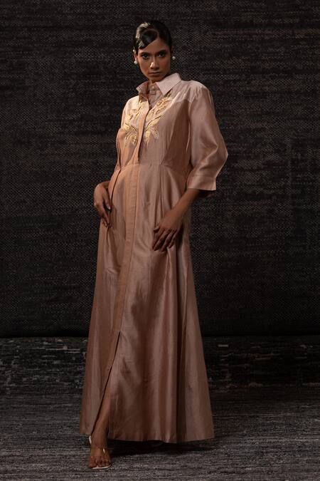 Eeda_Pink Chanderi Silk Embroidery Collared Dress _at_Aza_Fashions