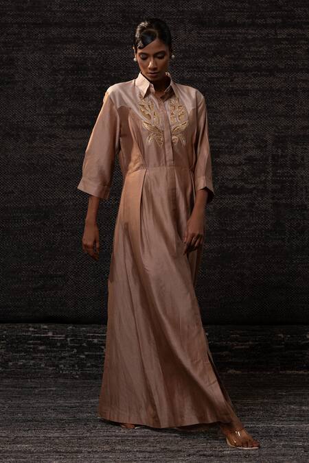 Buy_Eeda_Pink Chanderi Silk Embroidery Collared Dress 