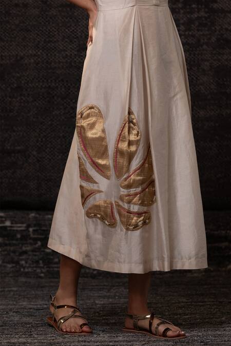 Eeda_Ivory Chanderi Silk Patchwork, Embroidery Collared Floral Pattern Dress _Online_at_Aza_Fashions
