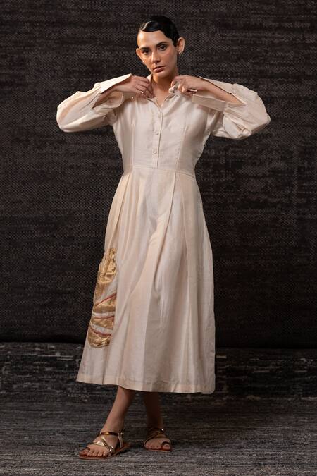 Buy_Eeda_Ivory Chanderi Silk Patchwork, Embroidery Collared Floral Pattern Dress _Online_at_Aza_Fashions