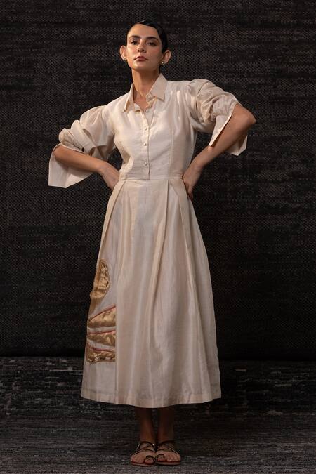 Shop_Eeda_Ivory Chanderi Silk Patchwork, Embroidery Collared Floral Pattern Dress _Online_at_Aza_Fashions