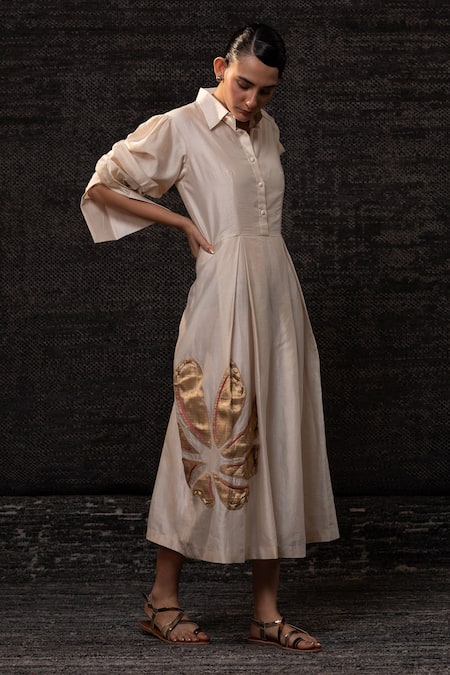 Eeda_Ivory Chanderi Silk Patchwork, Embroidery Collared Floral Pattern Dress _at_Aza_Fashions