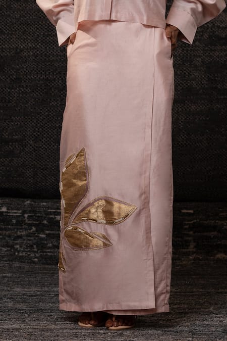 Buy_Eeda_Blush Chanderi Silk Patchwork, Embroidery Mandarin Collar Jacket With Skirt _Online_at_Aza_Fashions