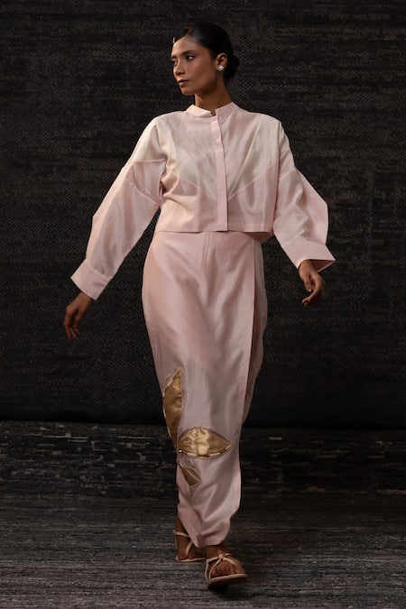 Shop_Eeda_Blush Chanderi Silk Patchwork, Embroidery Mandarin Collar Jacket With Skirt _Online_at_Aza_Fashions