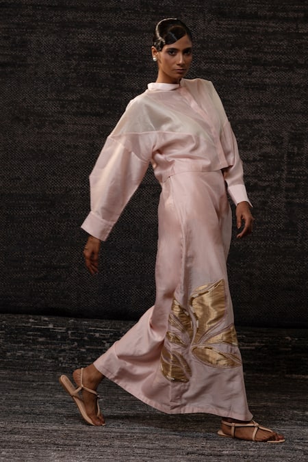 Eeda_Blush Chanderi Silk Patchwork, Embroidery Mandarin Collar Jacket With Skirt _at_Aza_Fashions