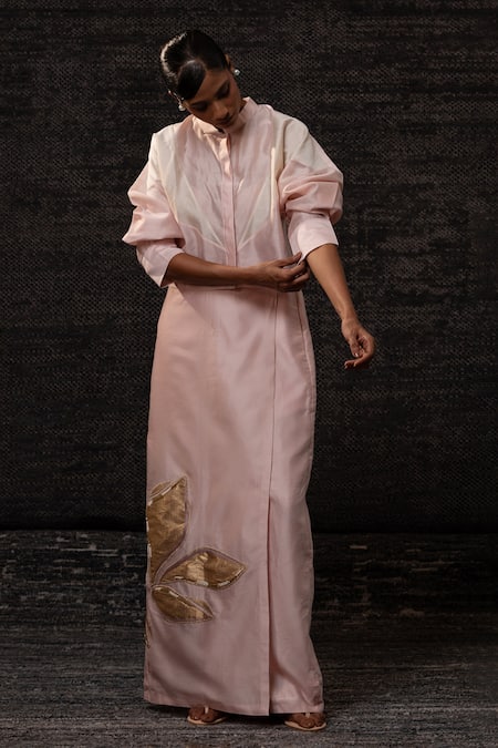 Buy_Eeda_Blush Chanderi Silk Patchwork, Embroidery Mandarin Collar Jacket With Skirt 