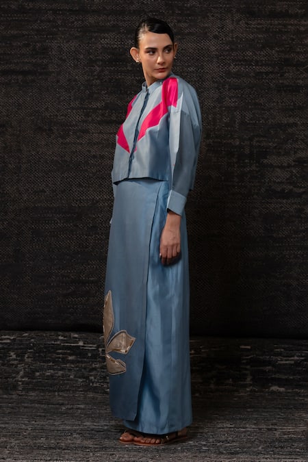 Buy_Eeda_Blue Chanderi Silk Patchwork, Embroidery, Sequins Color Block Jacket With Skirt _Online_at_Aza_Fashions