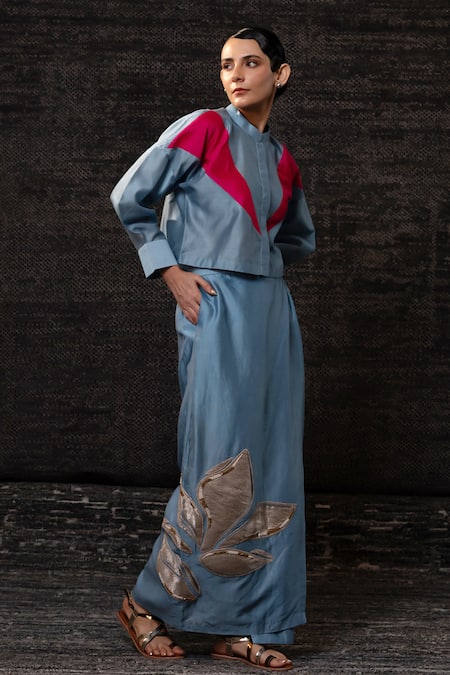 Shop_Eeda_Blue Chanderi Silk Patchwork, Embroidery, Sequins Color Block Jacket With Skirt _Online_at_Aza_Fashions
