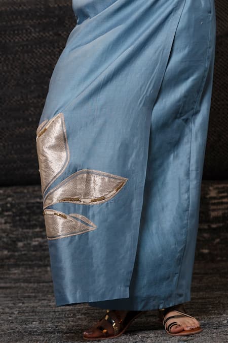 Eeda_Blue Chanderi Silk Patchwork, Embroidery, Sequins Color Block Jacket With Skirt _at_Aza_Fashions