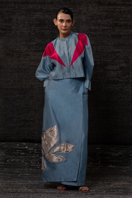 Buy_Eeda_Blue Chanderi Silk Patchwork, Embroidery, Sequins Color Block Jacket With Skirt 