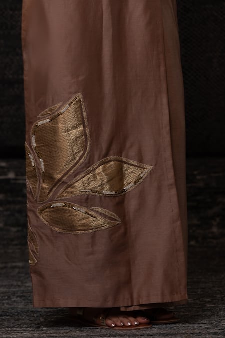 Eeda_Rose Gold Chanderi Silk Patchwork Notched Neck Vest With Skirt _Online_at_Aza_Fashions