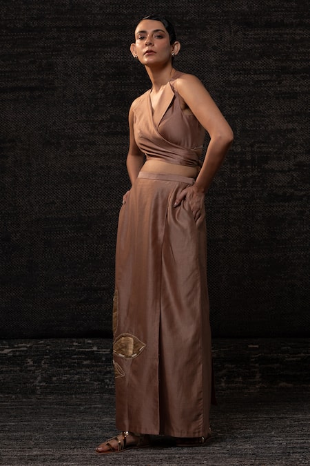 Buy_Eeda_Rose Gold Chanderi Silk Patchwork Notched Neck Vest With Skirt _Online_at_Aza_Fashions