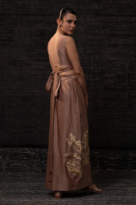 Shop_Eeda_Rose Gold Chanderi Silk Patchwork Notched Neck Vest With Skirt _Online_at_Aza_Fashions