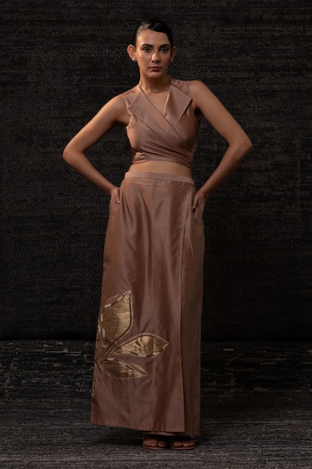 Eeda_Rose Gold Chanderi Silk Patchwork Notched Neck Vest With Skirt _at_Aza_Fashions