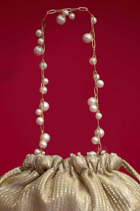 Amyra_Gold Cut Work, Beads, Pearls, Tassels, Vivaah Embellished Potli - Grey _Online_at_Aza_Fashions