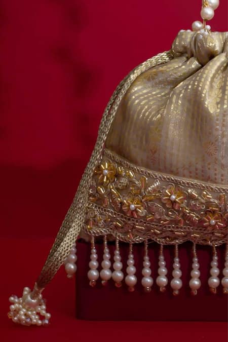 Buy_Amyra_Gold Cut Work, Beads, Pearls, Tassels, Vivaah Embellished Potli - Grey _Online_at_Aza_Fashions