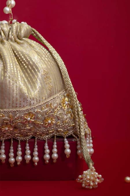 Amyra_Gold Cut Work, Beads, Pearls, Tassels, Vivaah Embellished Potli - Grey _at_Aza_Fashions