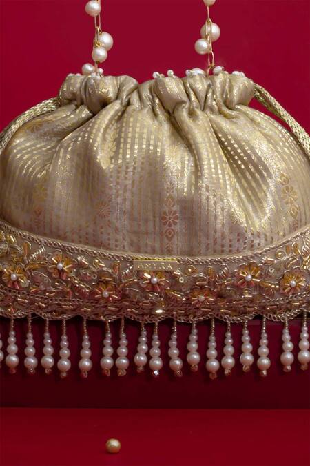 Buy_Amyra_Gold Cut Work, Beads, Pearls, Tassels, Vivaah Embellished Potli - Grey 