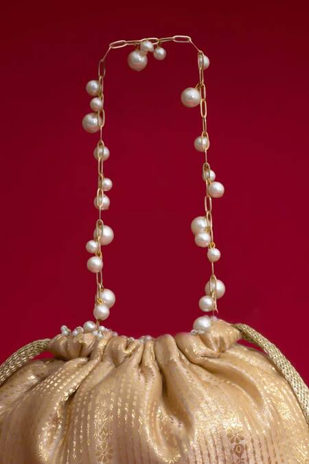 Amyra_Beige Pearls, Tassels, Lace, Beads, Crystals Vivaah Embellished Potli - _Online_at_Aza_Fashions