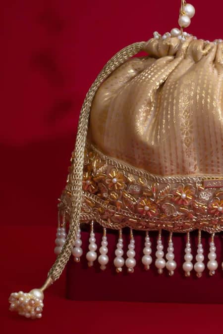 Buy_Amyra_Beige Pearls, Tassels, Lace, Beads, Crystals Vivaah Embellished Potli - _Online_at_Aza_Fashions