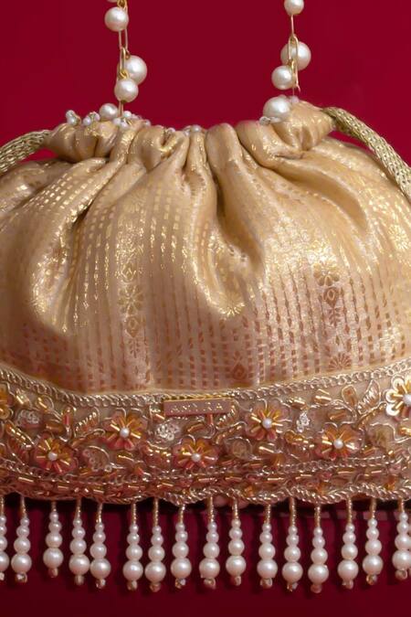 Buy_Amyra_Beige Pearls, Tassels, Lace, Beads, Crystals Vivaah Embellished Potli - 