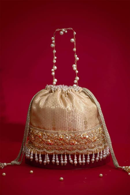 Amyra Beige Embroidery, Pearls, Tassels, Beads, Lace Vivaah Embellished Bucket Bag - 