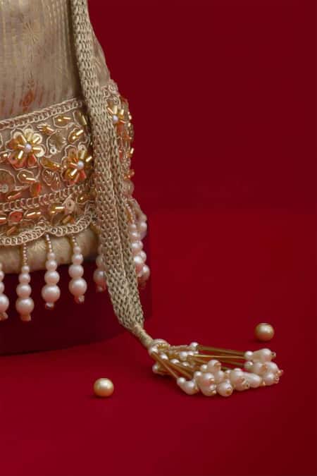 Amyra_Gray Embroidery, Pearls, Tassels, Beads Vivaah Embellished Bucket Bag - Grey _Online_at_Aza_Fashions