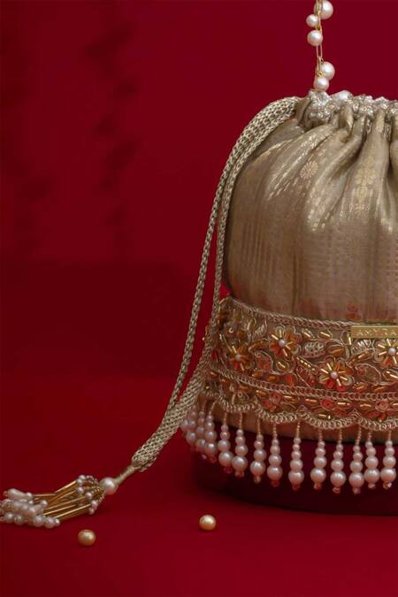 Buy_Amyra_Gray Embroidery, Pearls, Tassels, Beads Vivaah Embellished Bucket Bag - Grey _Online_at_Aza_Fashions