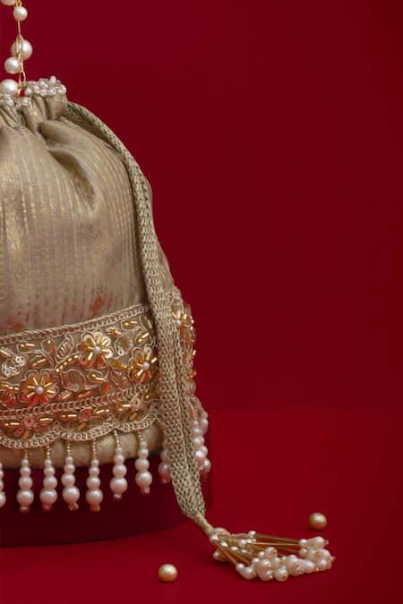 Shop_Amyra_Gray Embroidery, Pearls, Tassels, Beads Vivaah Embellished Bucket Bag - Grey _Online_at_Aza_Fashions