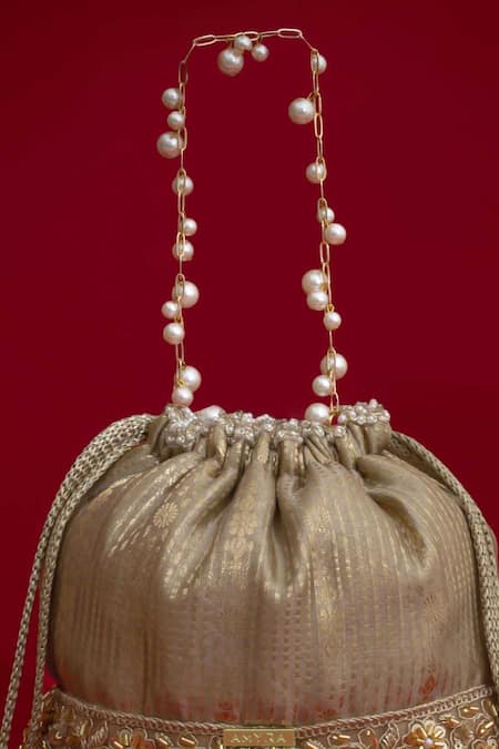 Amyra_Gray Embroidery, Pearls, Tassels, Beads Vivaah Embellished Bucket Bag - Grey _at_Aza_Fashions