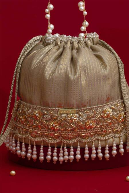 Buy_Amyra_Gray Embroidery, Pearls, Tassels, Beads Vivaah Embellished Bucket Bag - Grey 