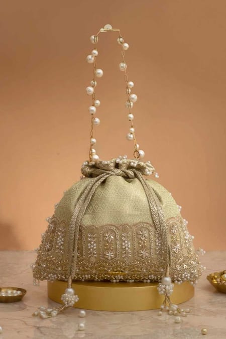 Shop Amyra Mint Cut Work, Pearls, Tassels, Beads Geet Brocade Embellished Potli - at Aza Fashions Shop_Amyra_Mint Cut Work, Pearls, Tassels, Beads Geet Brocade Embellished Potli -_at_Aza_Fashions