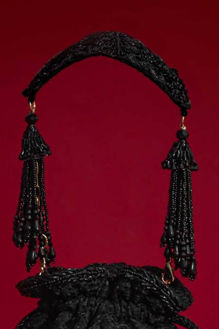 Shop_Amyra_Black Beads, Tassels, Embroidery, Fringe Tilora Mini Potli -_Online_at_Aza_Fashions