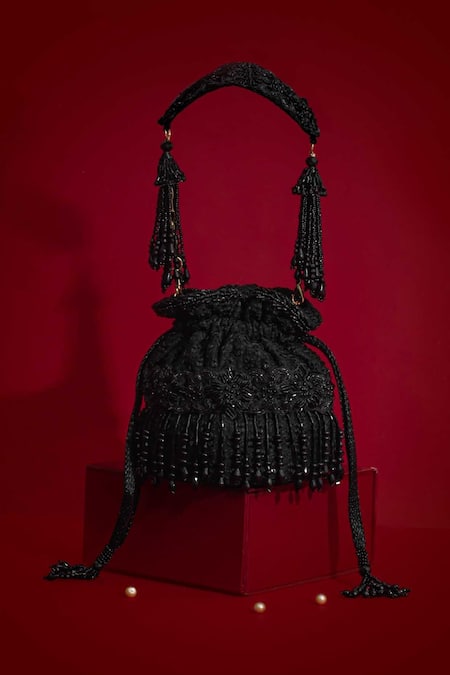 Amyra_Black Beads, Tassels, Embroidery, Fringe Tilora Mini Potli -_at_Aza_Fashions