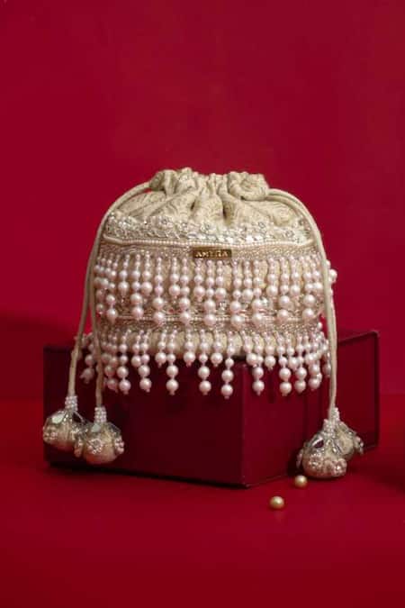 Amyra Ivory Pearls, Cut Work, Sequins, Embroidery, Tassels Anahi Brocade Mini Potli - 