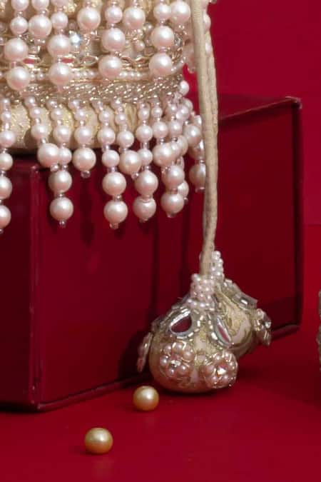 Buy Amyra Ivory Pearls, Cut Work, Sequins, Embroidery, Tassels Anahi Brocade Mini Potli - Buy_Amyra_Ivory Pearls, Cut Work, Sequins, Embroidery, Tassels Anahi Brocade Mini Potli -