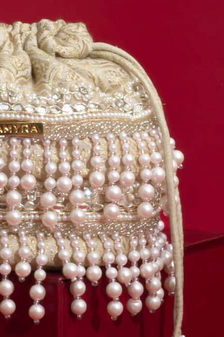 Shop Amyra Ivory Pearls, Cut Work, Sequins, Embroidery, Tassels Anahi Brocade Mini Potli - Shop_Amyra_Ivory Pearls, Cut Work, Sequins, Embroidery, Tassels Anahi Brocade Mini Potli -